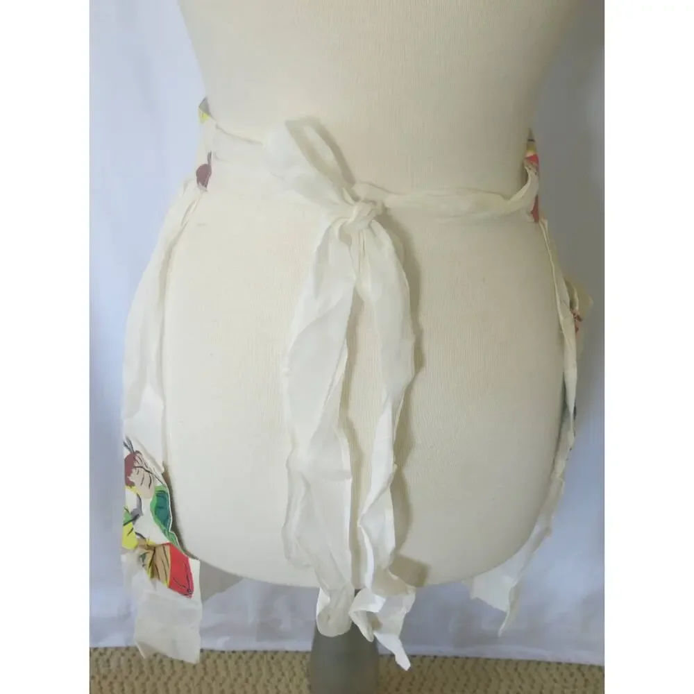 VINTAGE 1950/1960 Half Apron Handmade Pocket Beige with Leaves Tomatoes